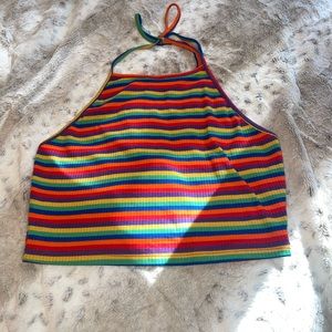 Size Small Multicolor Rainbow Striped Crop Top with Neck Tie Shein